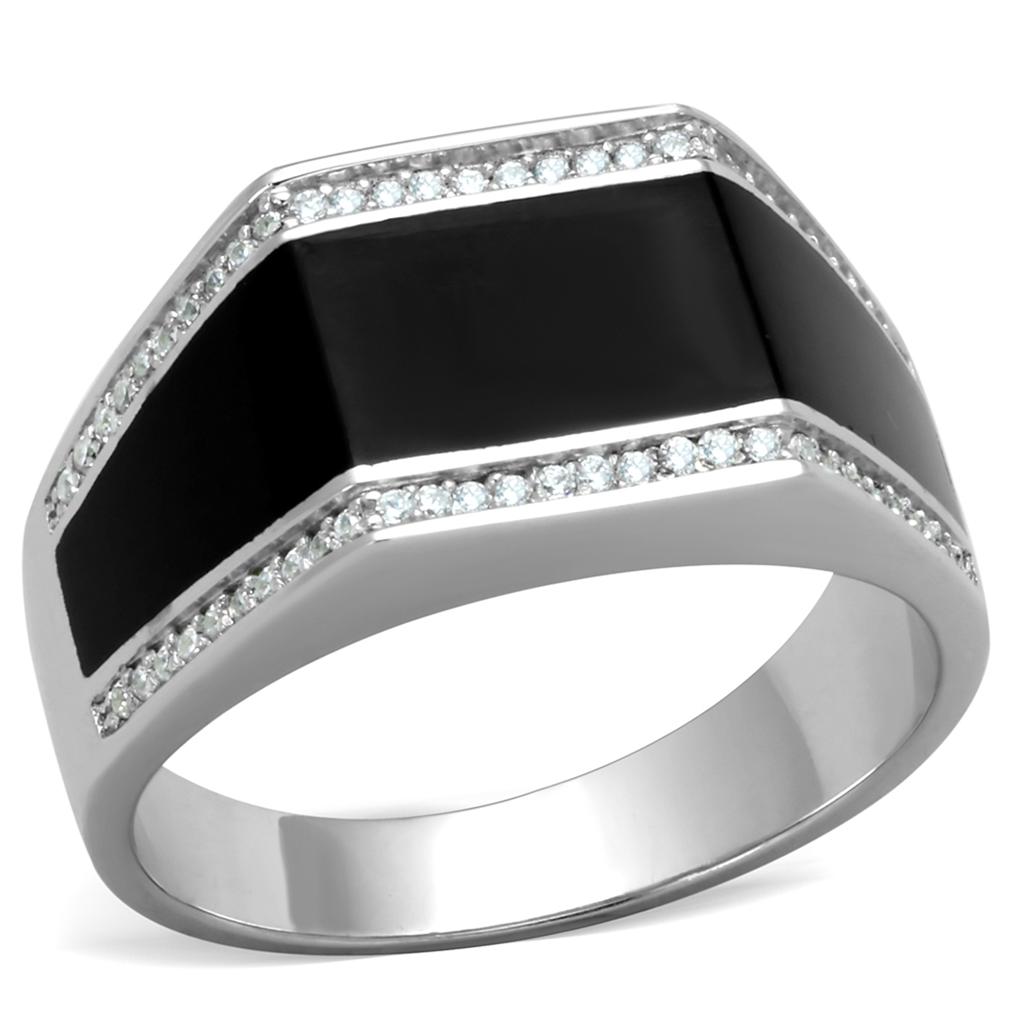 Stylish rhodium 925 sterling silver ring with black onyx and sparkling accents for men