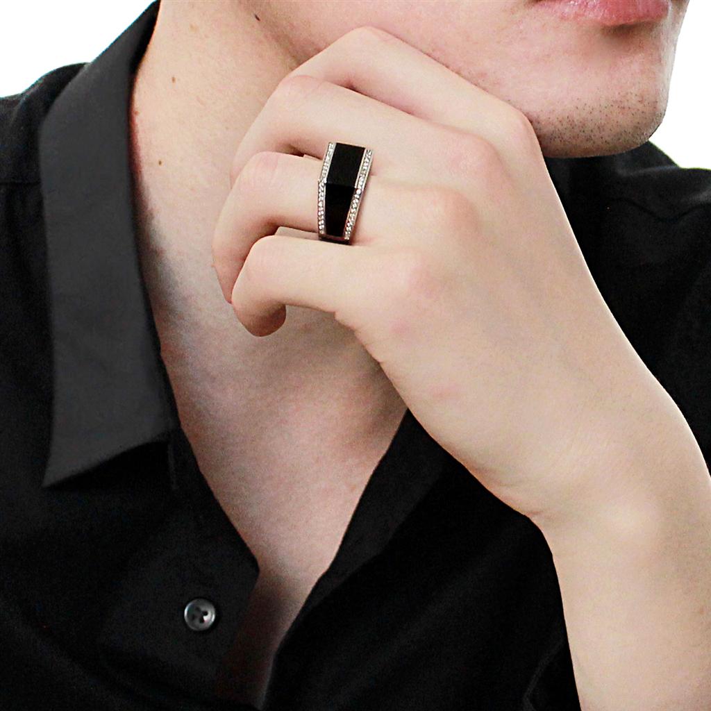 Stylish rhodium 925 sterling silver ring with black stone, perfect for men's jewelry collections