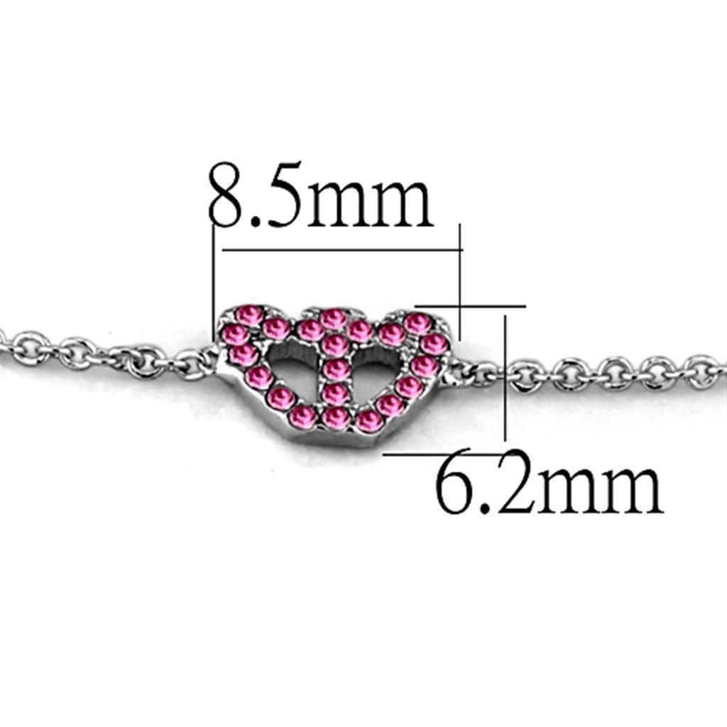 Rhodium brass butterfly bracelet with heart design and pink rhinestones, measuring 8.5mm by 6.2mm