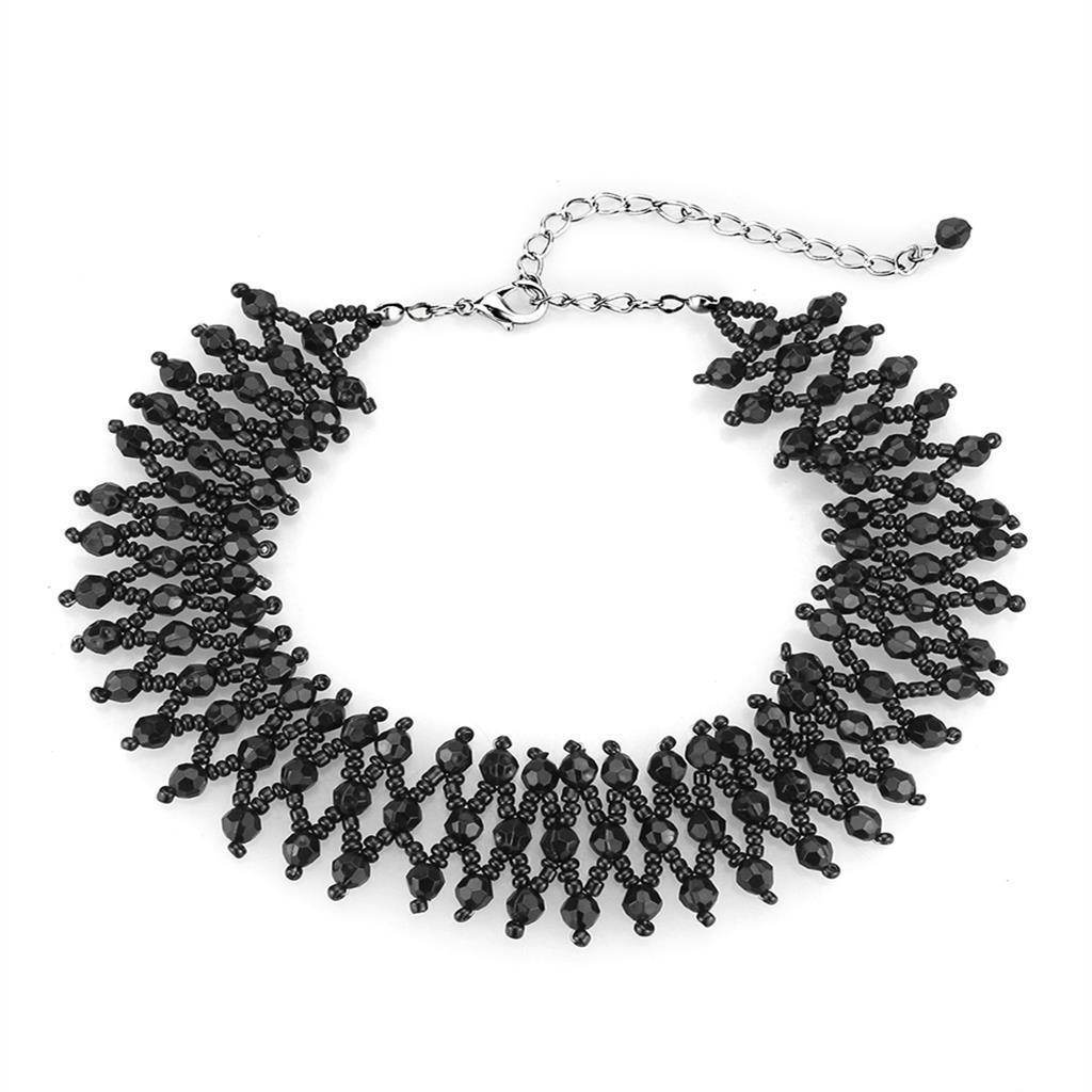 Black rhodium brass necklace with intricate bead detailing and adjustable clasp for a stylish look