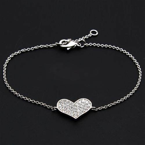 Rhodium heart bracelet for women featuring a sparkling heart charm on a delicate chain
