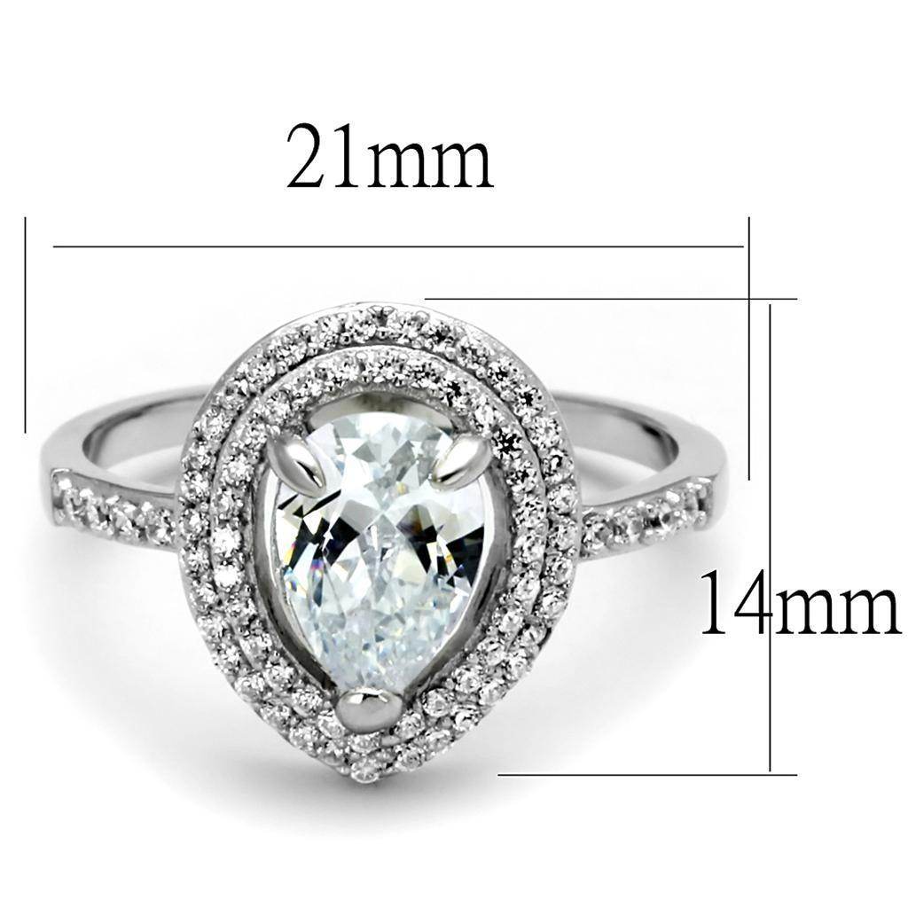 Rhodium plated silver engagement ring with a pear-shaped center stone and delicate surrounding diamonds