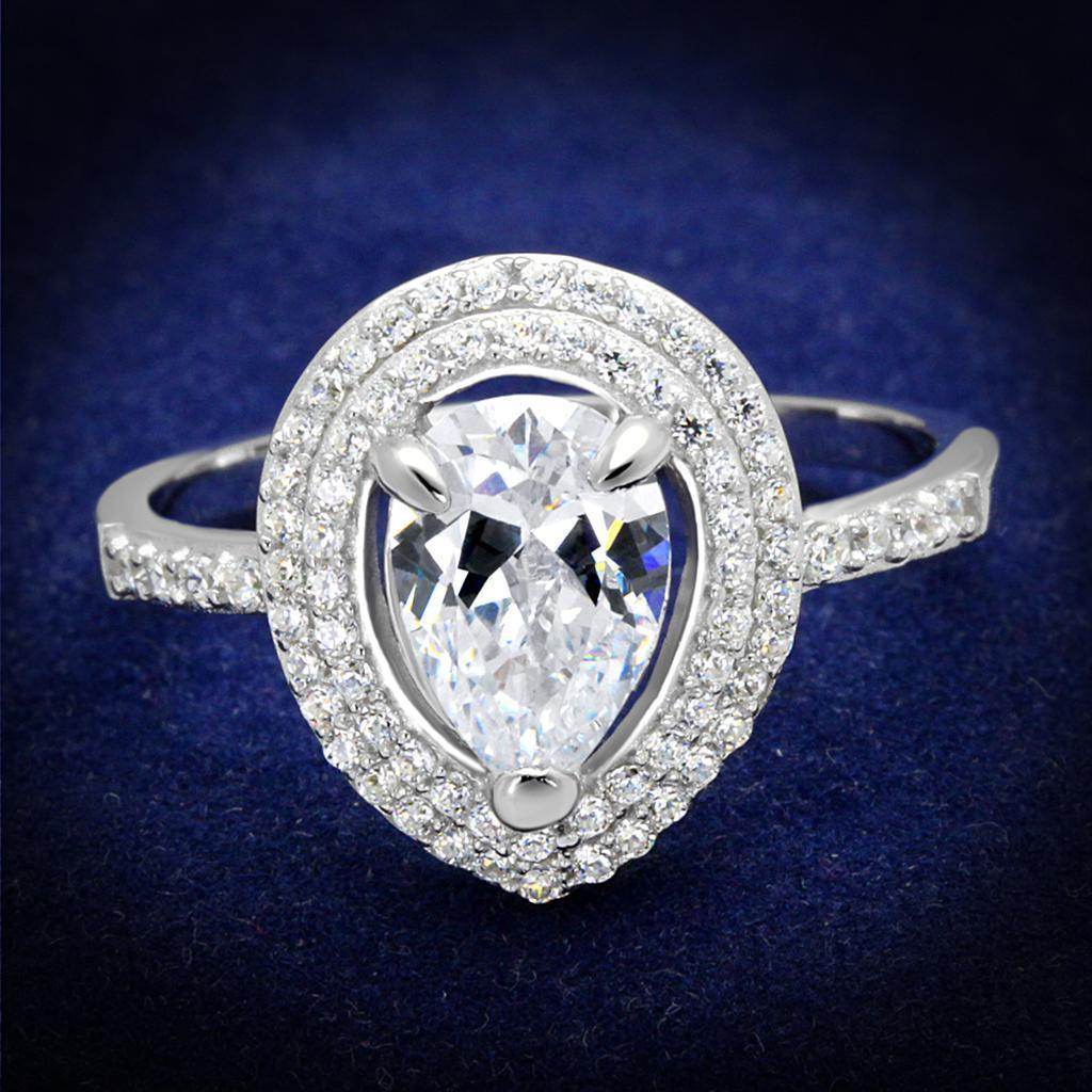Rhodium plated silver engagement ring featuring a pear-shaped center stone surrounded by sparkling diamonds