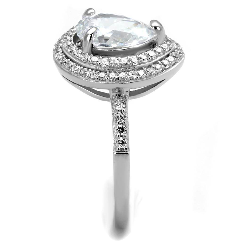 Rhodium plated silver engagement ring featuring a pear-shaped center stone and sparkling halo design