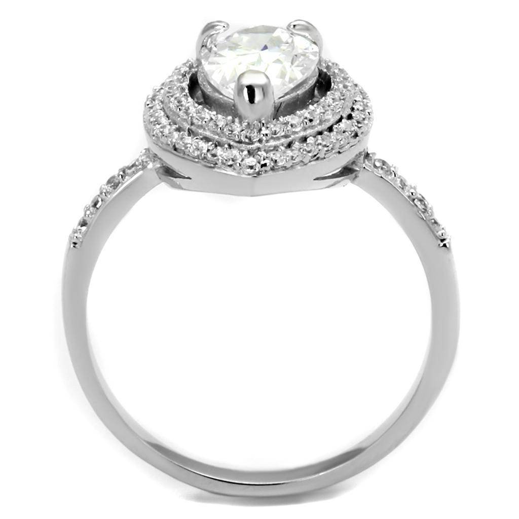 Stunning rhodium plated silver engagement ring with a sparkling center stone and intricate detailing