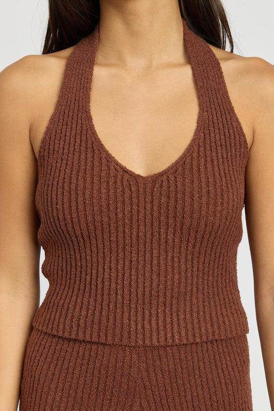 Ribbed Halter Neck Top - VacationGrabs