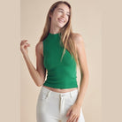 Yelete ribbed mock neck tank top in green, perfect for casual and stylish outfits