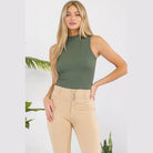 Yelete ribbed mock neck tank top in green, perfect for casual or stylish layering attire.