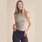 Yelete ribbed mock neck tank top in olive green for a stylish casual look