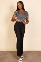VacationGrabs ribbed striped square neck t shirt featuring short sleeves and a flattering fit