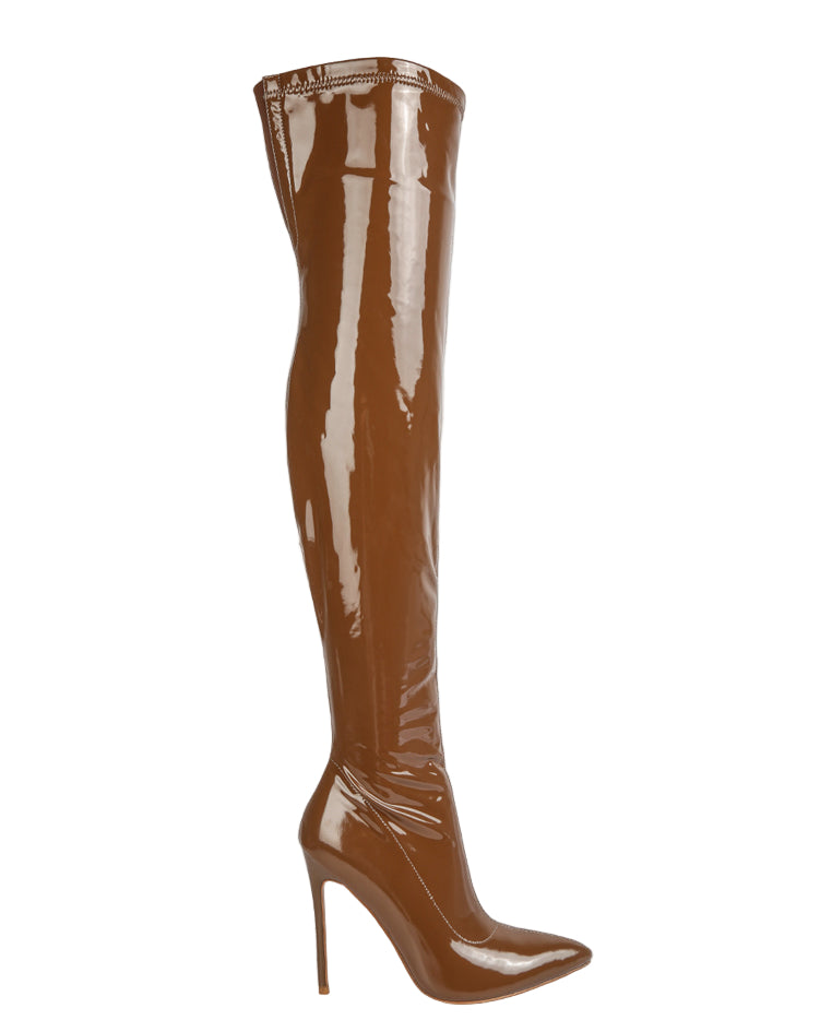 Brown patent leather knee-high boot on a white background