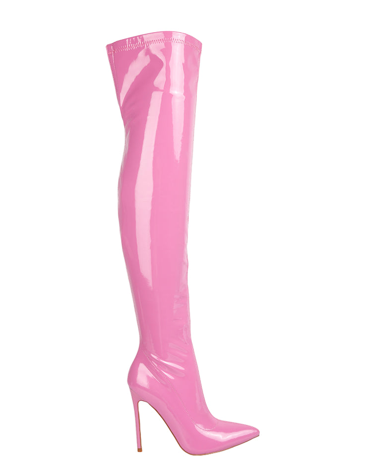 Pink high-heeled knee-high boot on a white background