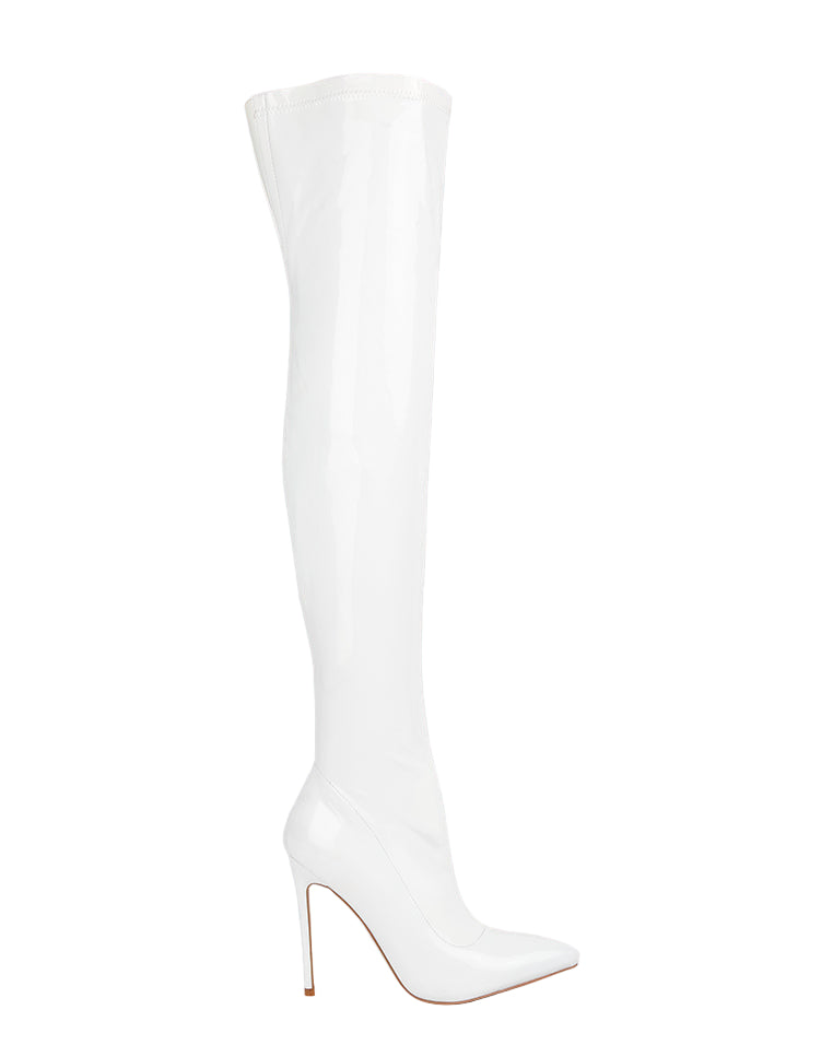 White knee-high boot on a light blue background