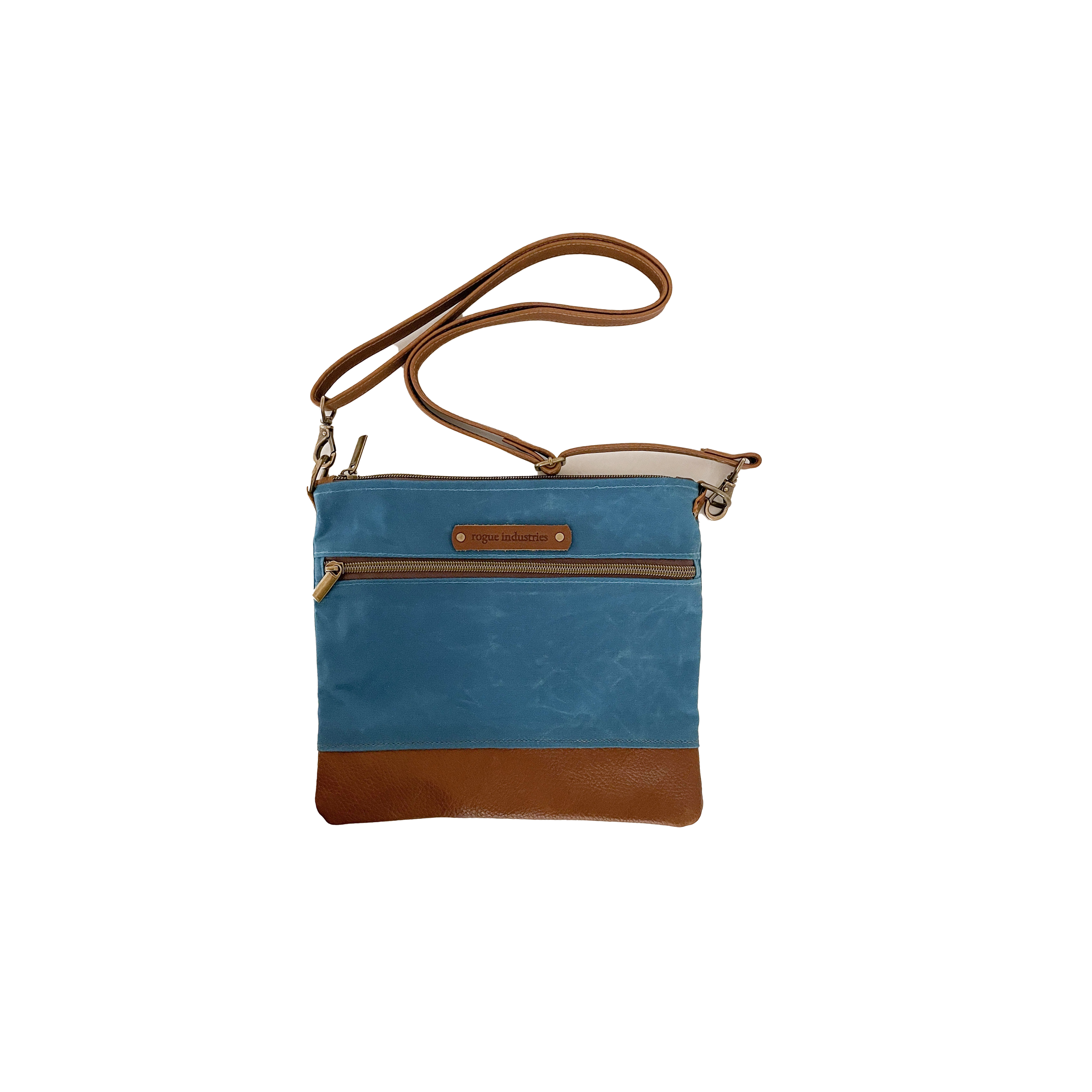 Rogue Industries stylish messenger bag for vacations in blue with brown accents and a crossbody strap