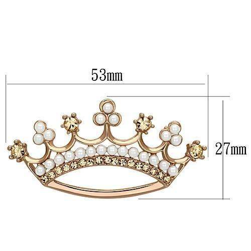 Rose gold crown brooch for women adorned with pearls and sparkling stones, measuring 53mm by 27mm