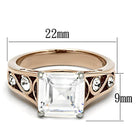 Elegant rose gold stainless steel ring with a large cubic zirconia and decorative accents
