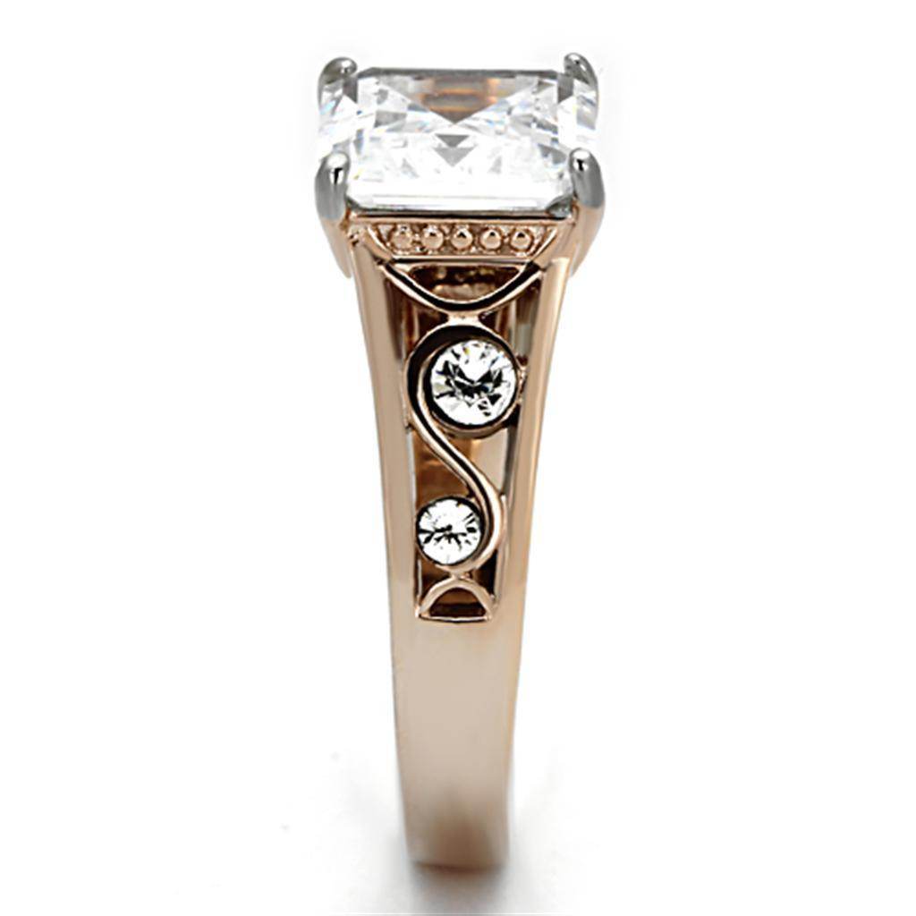 Elegant rose gold stainless steel ring featuring a large square cut stone and decorative accents