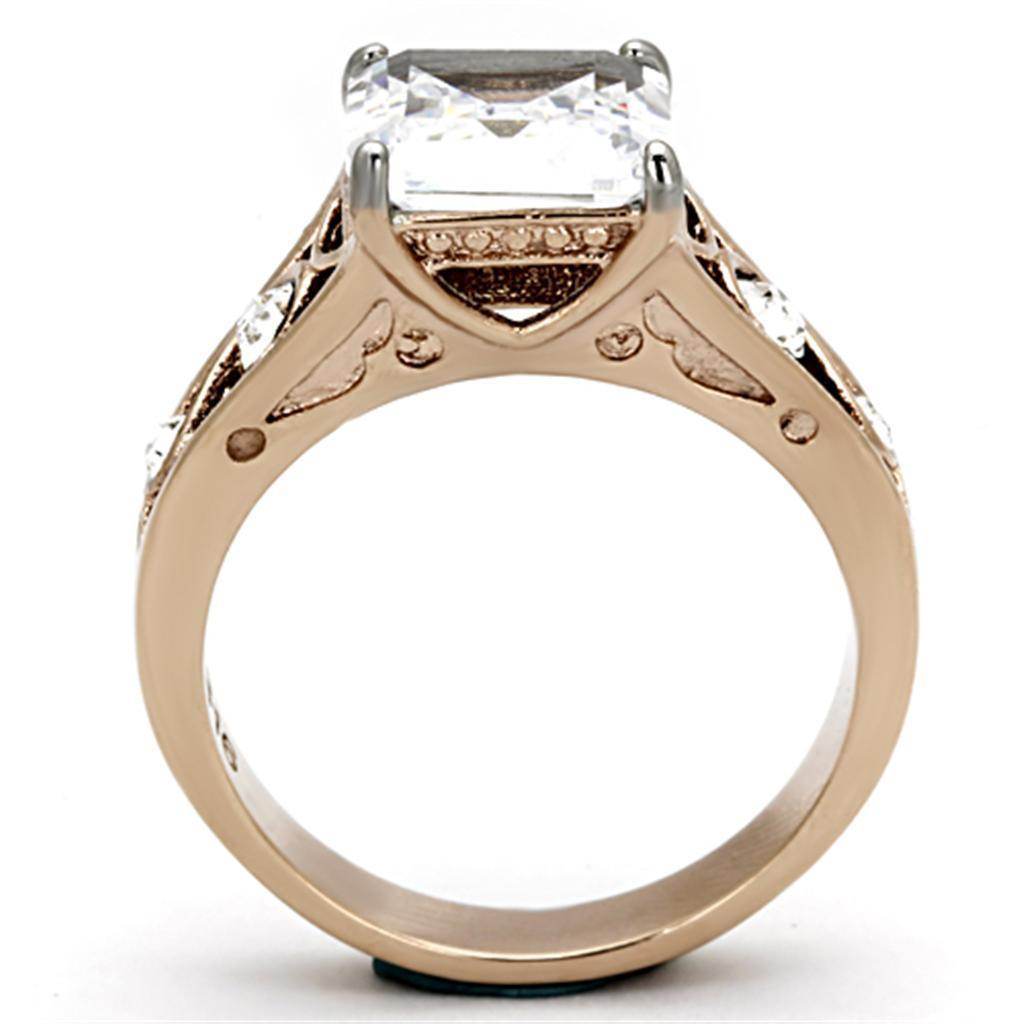 Stunning rose gold stainless steel ring featuring a large square cut stone and intricate detailing