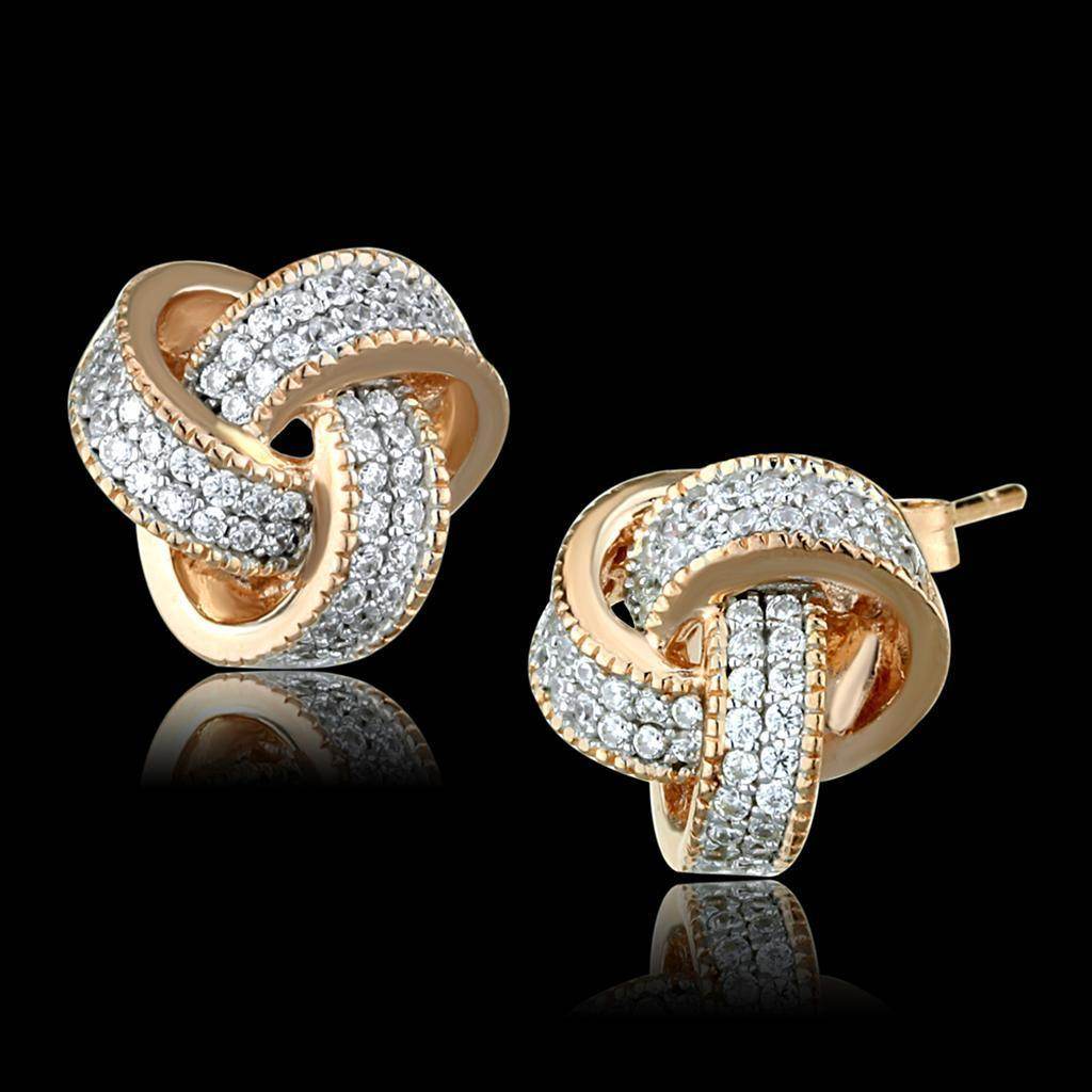 Elegant rose gold sterling silver earrings with sparkling crystals in a knot design
