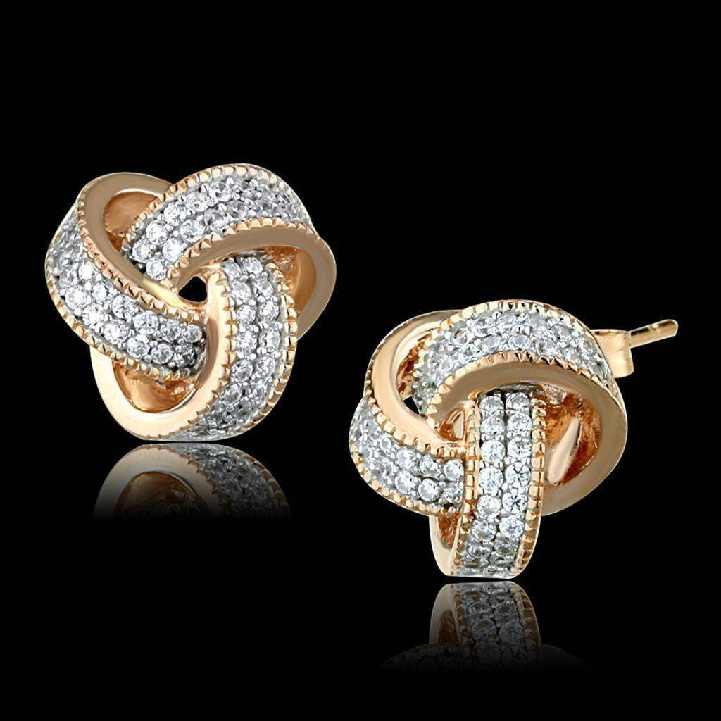 Elegant rose gold sterling silver earrings featuring a twisted design with sparkling crystals