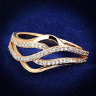 Elegant rose gold sterling silver ring with sparkling stones in a wavy design for women