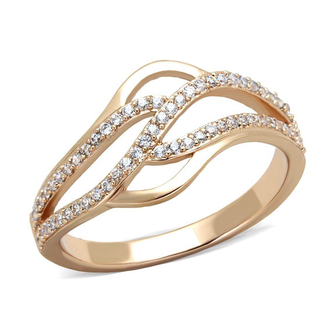 Elegant rose gold sterling silver ring with sparkling stones in a unique twisted design