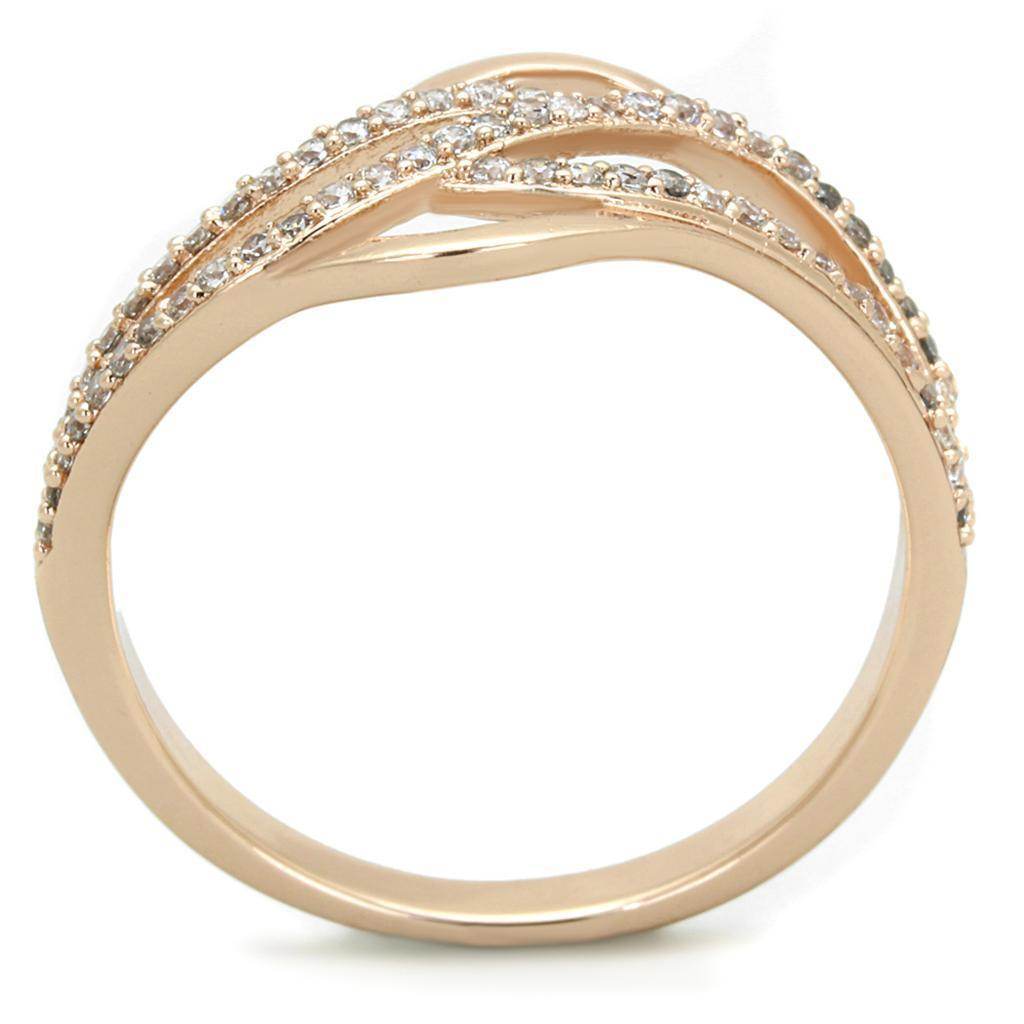 Elegant rose gold sterling silver ring with a twisted design and sparkling accents