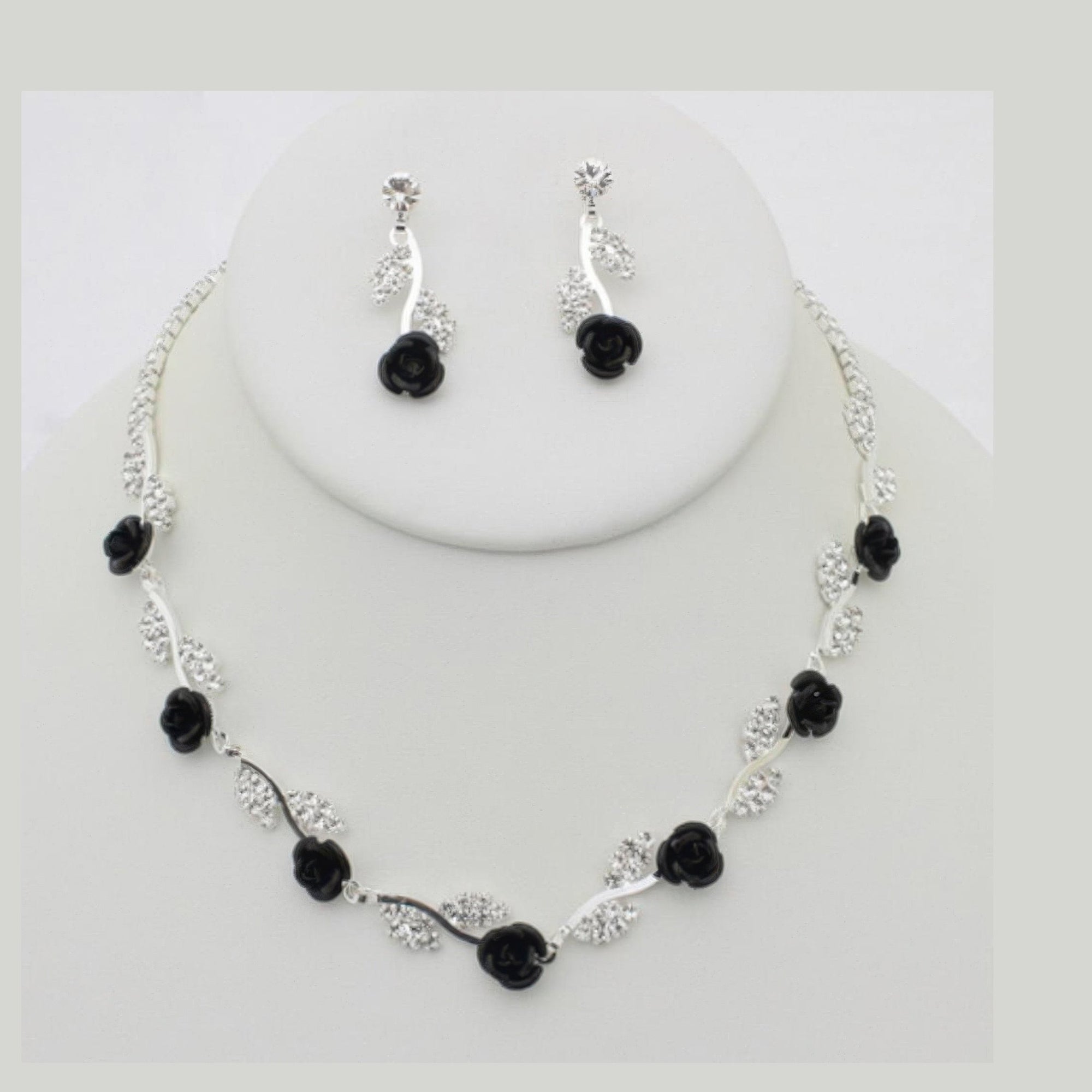 VacationGrabs rhinestone rose necklace earring set silver tone with black resin roses and rhinestone leaf accents