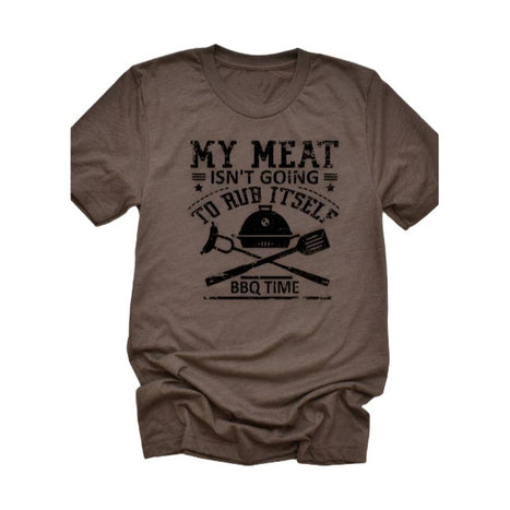 Wildberry Waves men's brown Rub My Meat barbecue shirt with BBQ grill and utensils graphic