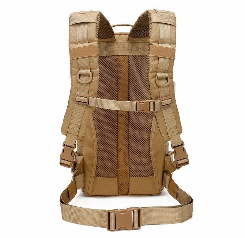 Tan rucksack hiking backpack with adjustable straps and breathable mesh back