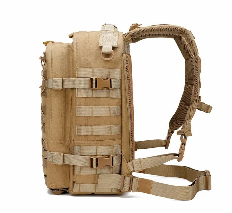 Tan rucksack hiking backpack with adjustable straps for outdoor adventures