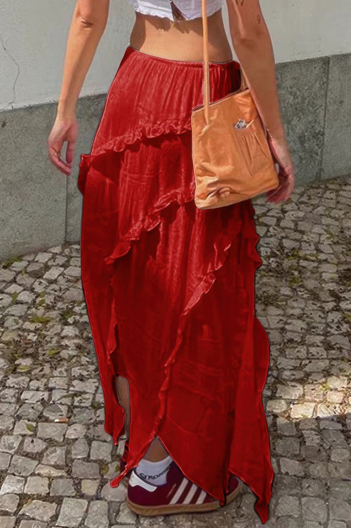 Women’s Ruffle Drawstring Waist Skirt in Red with layered design and side slits for a stylish look