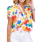 Ruffled Printed Notched Cap Sleeve Blouse - VacationGrabs