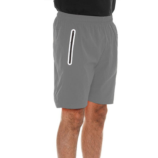 Men's running shorts with zip pocket in gray by WEIV featuring an elastic waistband for comfort