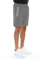 Men's running shorts with zip pocket in gray by WEIV featuring an elastic waistband for comfort