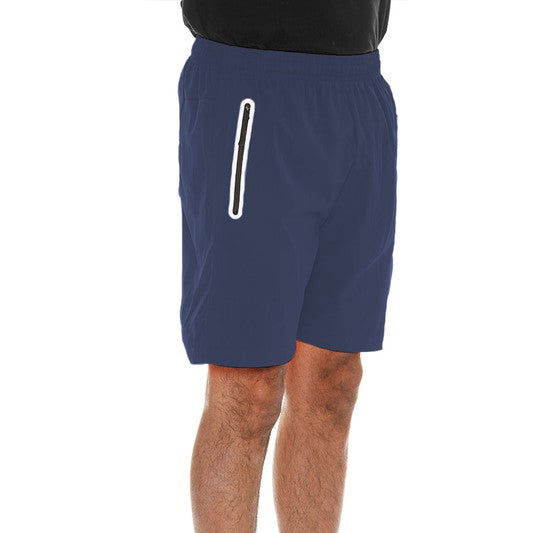WEIV men's navy running shorts with zip pocket and elastic waistband for secure fit