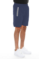 WEIV men's navy running shorts with zip pocket and elastic waistband for secure fit