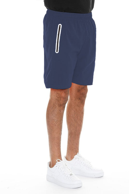 WEIV men's navy running shorts with zip pocket and elastic waistband for secure fit