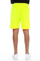 WEIV men's neon yellow running shorts with zip pocket shown from back on model