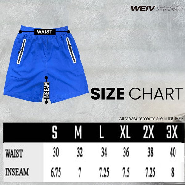 WEIV men's blue running shorts with zip pocket and size chart showing waist and inseam measurements