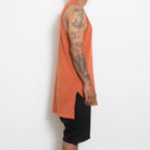 Rust tank top for men with sleeveless design and side slits for a relaxed fit