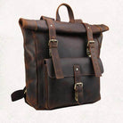 Vintage-style rustic leather bag for men with roll-top closure and front pocket