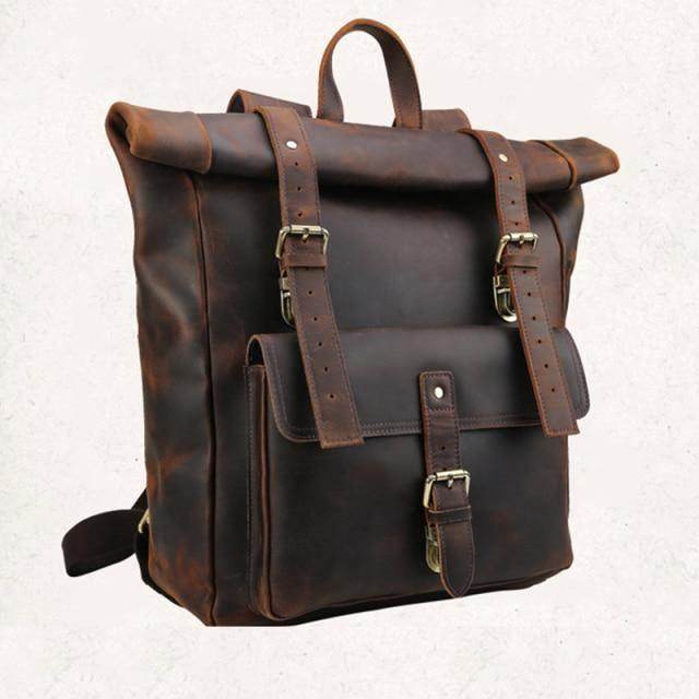 Vintage-style rustic leather bag for men with roll-top closure and front pocket