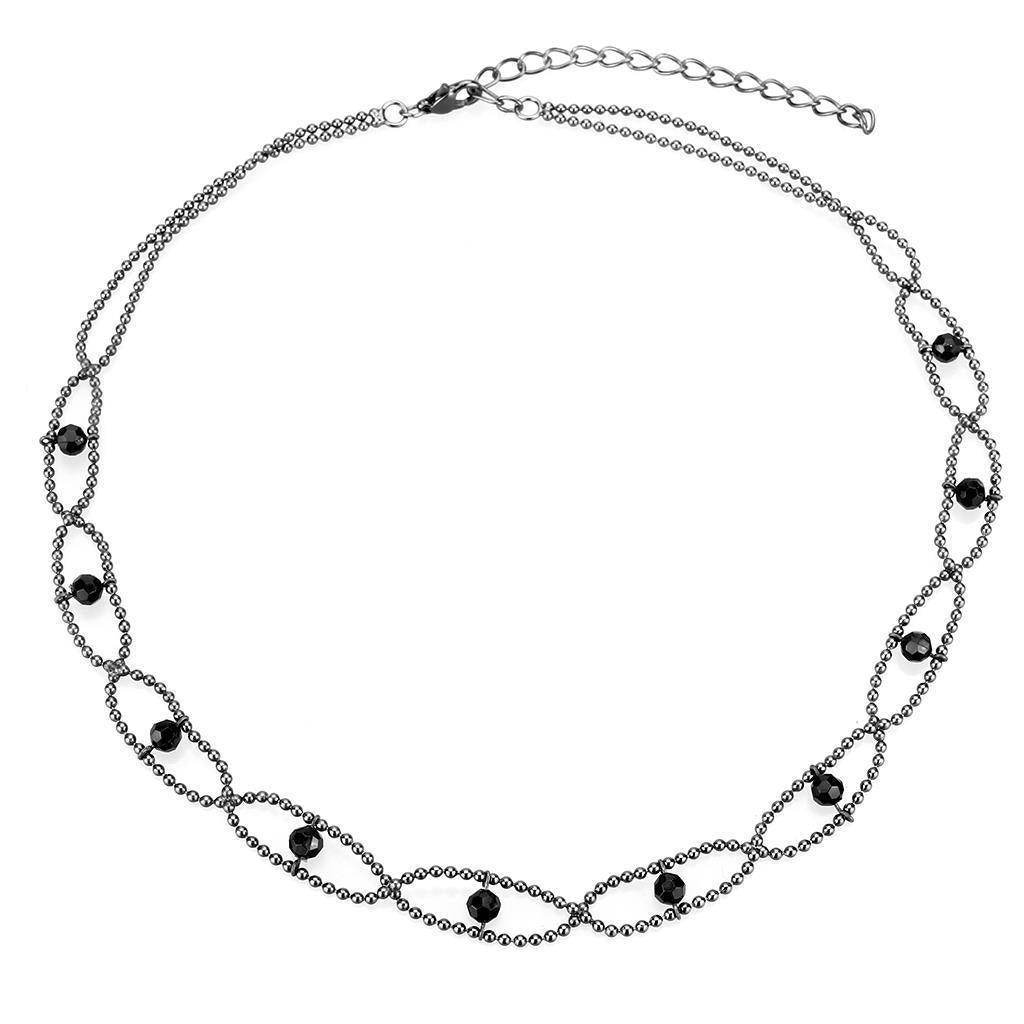 Elegant ruthenium white metal necklace featuring delicate links and black bead accents