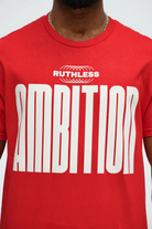 Red ruthless ambition t-shirt for men with bold white lettering on front from VacationGrabs