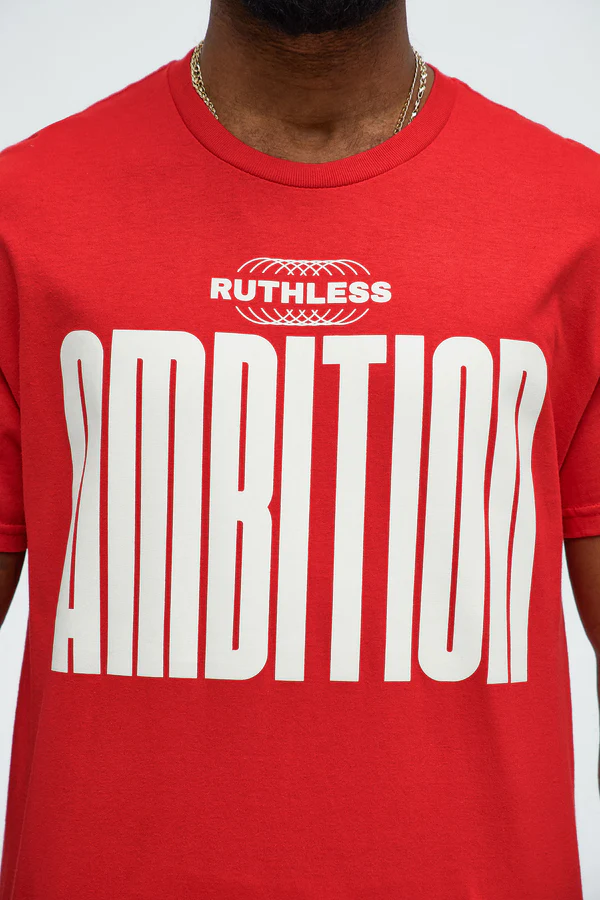 Red ruthless ambition t-shirt for men with bold white lettering on front from VacationGrabs