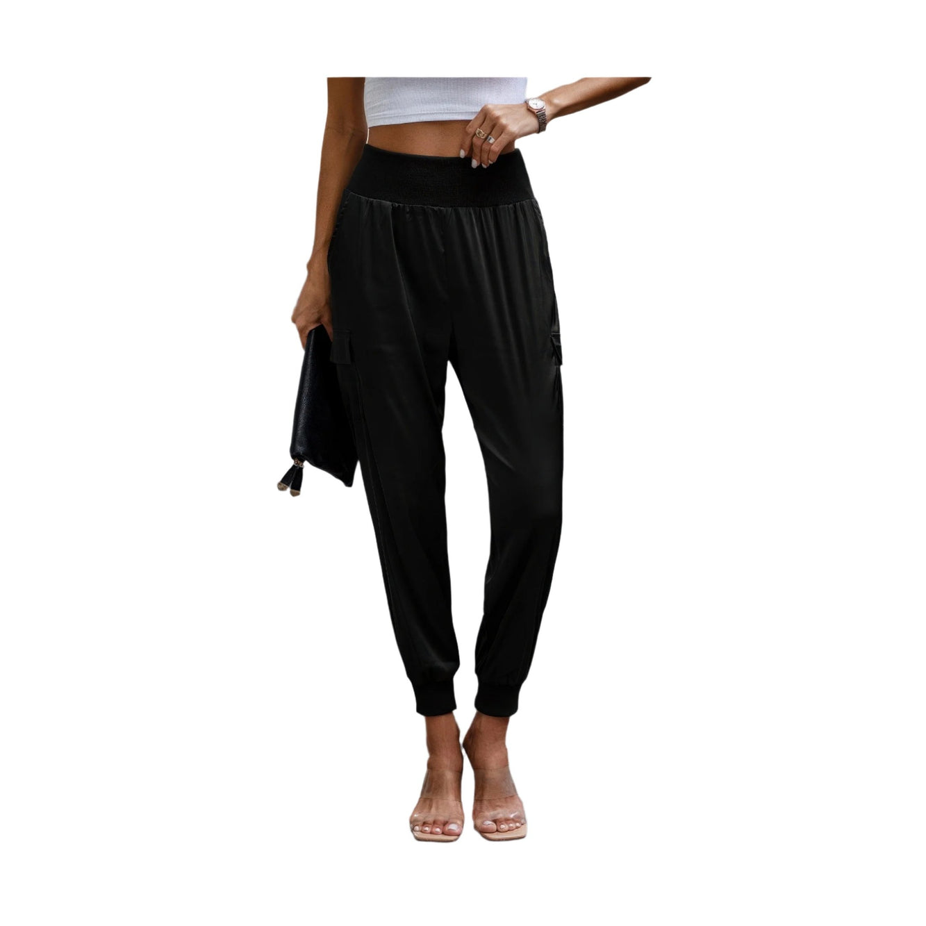 Women's black satin cargo joggers with elastic waistband and cuffed ankles by VacationGrabs