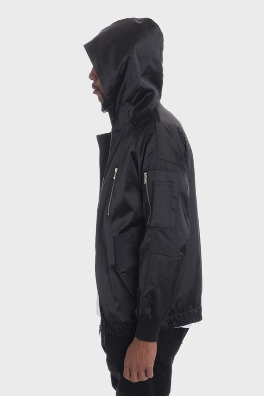 Black satin hooded windbreaker jacket by WEIV with zipper pockets and elastic cuffs