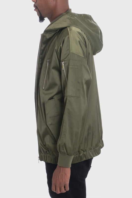 WEIV olive green satin hooded windbreaker jacket with front zipper pockets and elastic cuffs