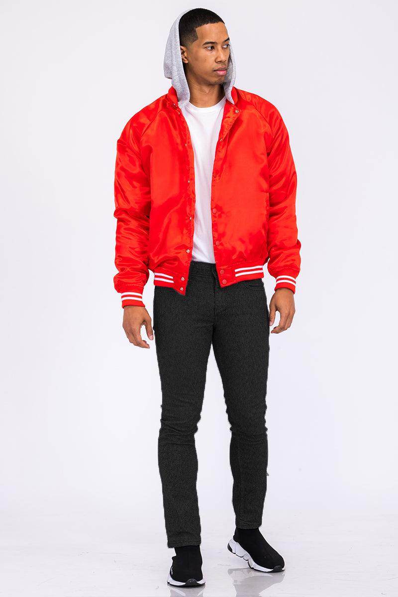 VacationGrabs Men's Red Satin Jacket Vacation Style with Hoodie for Casual Wear